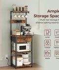 Rustic Brown And Black Bakers Rack With Drawer Microwave Stand Power Outlet And USB Ports Coffee Bar Station With 4 Hooks
