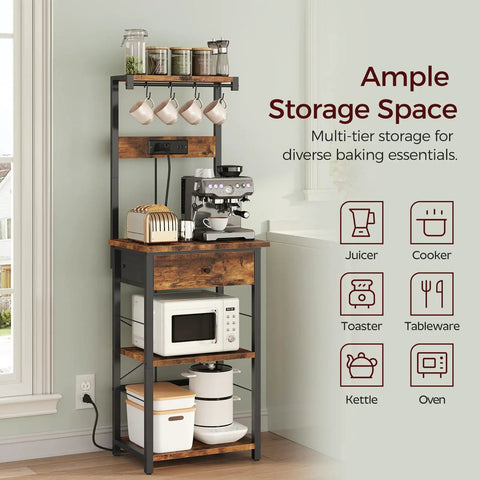 Rustic Brown And Black Bakers Rack With Drawer Microwave Stand Power Outlet And USB Ports Coffee Bar Station With 4 Hooks
