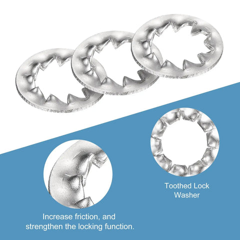 Top Shelf M8 Internal Tooth Lock Washers 20 Piece Box 304 Stainless Steel Serrated Star Nut Fasteners detail view of serrated design