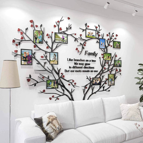 Love Family Tree Wall Decor Picture Frame Collage Removable 3D Acrylic Wall Stickers For Living Room Cozy Vibe With Red Heart And Quote About Family Like Branches On A Tree DIY Home Decor on wall above sofa