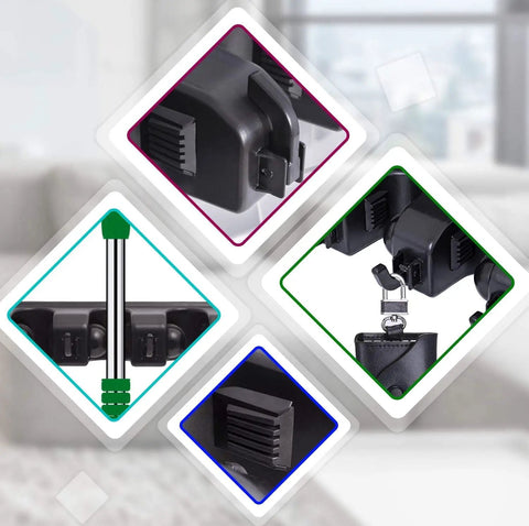 Close-up view of Heavy Duty Broom And Mop Wall Mount Organizer With Hooks For Garage Storage showing slots and hooks.