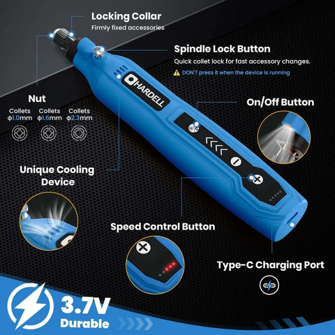 HARDELL blue cordless rotary tool with speed control, on/off button and Type-C charging port.