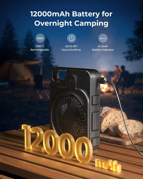 12000mAh Rechargeable Portable Fan With LED Lantern Up To 45 Hours Runtime Battery Powered Three Speeds And Three CCT Modes