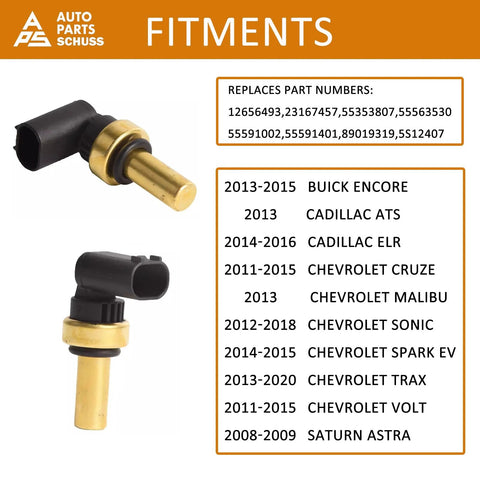Engine coolant temperature sensor with brass body and black connector; front and side views.