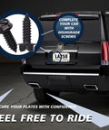 Black License Plate Screws 8 Pack With Rust-Proof Finish Eco-Friendly on vehicle with focus on secure installation.
