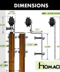 Diagram showing Brushed Nickel Single Track Bypass Sliding Barn Door Hardware Kit dimensions for double doors installation.