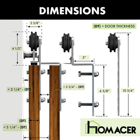Diagram showing Brushed Nickel Single Track Bypass Sliding Barn Door Hardware Kit dimensions for double doors installation.