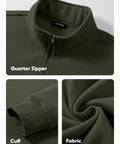 Close-up of Mens Quarter Zip Fleece Pullover Mock Neck Sweatshirt Regular Fit Long Sleeve Outdoor Knit Top in Moss Green showing zipper and cuff.