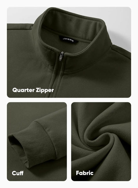 Close-up of Mens Quarter Zip Fleece Pullover Mock Neck Sweatshirt Regular Fit Long Sleeve Outdoor Knit Top in Moss Green showing zipper and cuff.