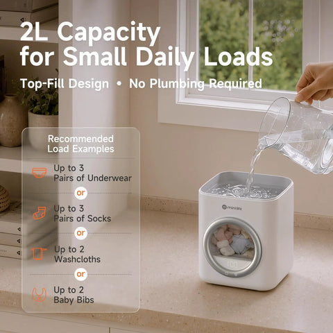 Slim Portable Mini Washer That Crushes Small Loads Without The Hassle A Real Game Changer For Dorm Life And Weekend Trips With Snappy USB C Charge pouring water into 2L capacity washer on countertop.