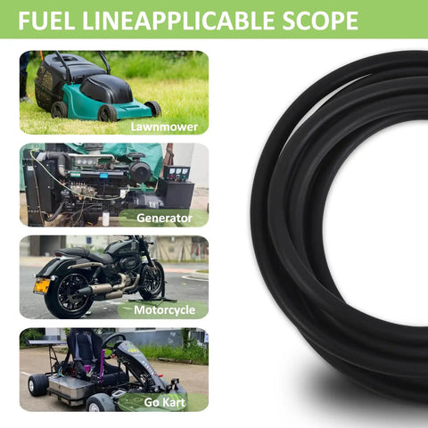 Image of black fuel line shown with lawnmower, generator, motorcycle, and go-kart, Three Sixteenth Inch ID Fuel Line Hose Ten Feet Long