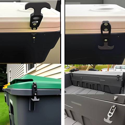 Dtacke cooler latch replacement, rubber T-handle draw latch, 160 mm length, shown installed on cooler lids (front/side views)