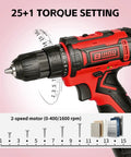 Powerful 12V Cordless Drill Driver Kit With 43 Piece Home Tool Set, showing 25+1 torque and dual-speed settings