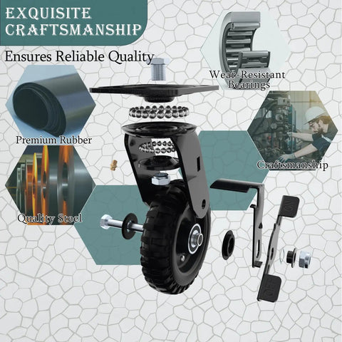 Badass Heavy Duty Caster Wheels Set Features Two Swivel Brakes And Two Rigid Pads with steel and rubber materials for stability.