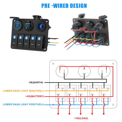 Five Gang Aluminum Marine Switch Panel with Three USB Ports, 150W Cigarette Lighter Socket, 66W 12V USB Car Charger