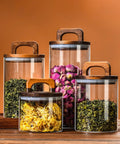 Premium Glass Coffee Canister With An Airtight Wooden Lid To Keep Your Daily Grind Fresh Kitchen Counter Storage Jars for tea and herbs.