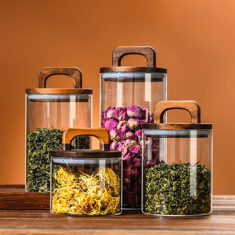 Premium Glass Coffee Canister With An Airtight Wooden Lid To Keep Your Daily Grind Fresh Kitchen Counter Storage Jars for tea and herbs.