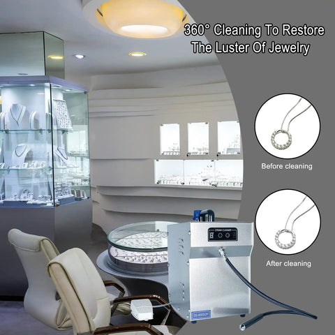 Pro Grade Jewelry Steam Cleaner High Pressure Steamer 2L Stainless Steel in jewelry store with cleaning results