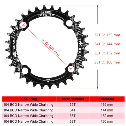 104 BCD 32T Narrow Wide Single Chainring With 4 Bolt Sprocket Bolts For Road Bikes Mountain Bikes And BMX MTB Built Tough With Lightweight T6 Alloy Construction Black, with size comparison chart