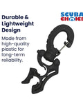 Durable black plastic Double Hose Clip for Scuba Gear with Easy Snap On, shown with secure clip feature for hose organization.