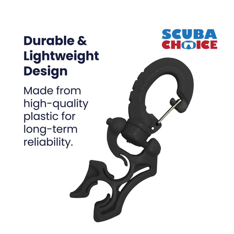 Durable black plastic Double Hose Clip for Scuba Gear with Easy Snap On, shown with secure clip feature for hose organization.