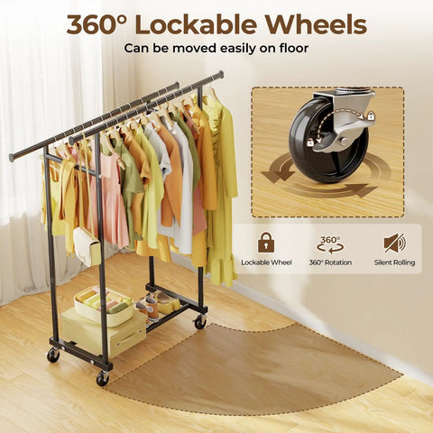 Straight Up Solid Double Rod Clothes Rack That Rolls Buttery Smooth Hang Tops Bottoms Bags Easily Metal Wardrobe Stand Total Game Changer For Bedroom Storage Or Closet Organizers Black