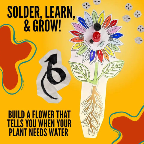 Colorful Soil Moisture Sensor Kit For Beginners DIY Light Up Plant Water Indicator With LED Transistor And Resistor Learning Circuit Educational Electronics Kit For Hands On STEM Learning No Fuss Fun with flower design on yellow background.