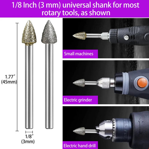 Diamond Grinder Bits Kit 46 And 120 Grits One Eighth Inch Shank 42 Piece Stone Carving Drill Bits shown with rotary tools
