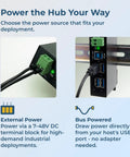 Connectivity options for Heavy Duty Four Port USB 3.0 Hub: external 7-48V DC power or bus powered via USB.