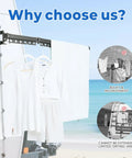 Heavy Duty RV Clothes Drying Rack With Four Telescoping Sections mounted on camper by the beach, clothes hanging