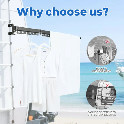Heavy Duty RV Clothes Drying Rack With Four Telescoping Sections mounted on camper by the beach, clothes hanging
