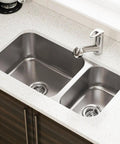 Undermount Double Bowl Stainless Steel Kitchen Sink 32 And A Quarter Inch, 16 Gauge, 304 Grade, Quiet With Exterior Noise Pads And Heavy Duty Build