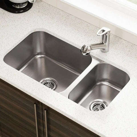 Undermount Double Bowl Stainless Steel Kitchen Sink 32 And A Quarter Inch, 16 Gauge, 304 Grade, Quiet With Exterior Noise Pads And Heavy Duty Build