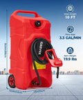 16 Gallon Rolling Gas Caddy With 10 Ft Manual Siphon Pump Hella Durable HDPE Fuel Tank in red with hose and handle.