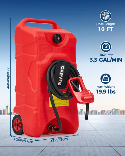 16 Gallon Rolling Gas Caddy With 10 Ft Manual Siphon Pump Hella Durable HDPE Fuel Tank in red with hose and handle.