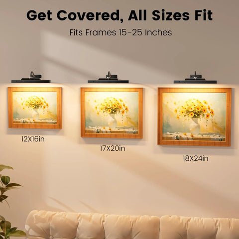 Rechargeable 12 Inch Wireless Picture Light With Dimmable LED illuminating art of different sizes in a home gallery