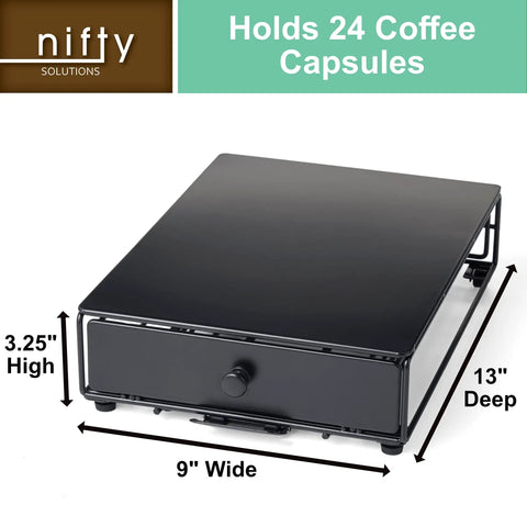 Rolling Mini Black Finish K Cup Drawer Organizer For Under Coffee Pot Storage 24 Pod Pack Holder dimensions showcase