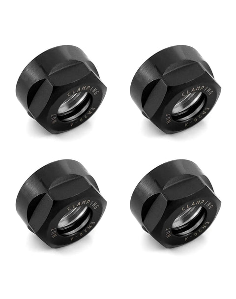 Set of four black ER20 A Collet Clamping Nuts for CNC Milling Chuck Holder Lathe, precision ground hardened 40CR steel.
