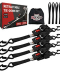 4 Pack Auto-Retractable Ratchet Tie Downs 1 Inch by 12 Foot Cargo Straps with storage bag and packaging, black color.