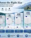 Image showing four sizes of collapsible water containers with spigot for camping and outdoors, 3L, 5L, 10L, and 15L capacity options.