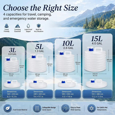 Image showing four sizes of collapsible water containers with spigot for camping and outdoors, 3L, 5L, 10L, and 15L capacity options.