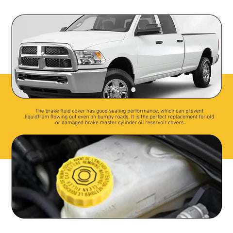 Beefed Up Brake Fluid Cap Replacement For Master Cylinder Reservoir Cap OEM 68211910AB 68303540AA Direct Fit For Wrangler Cherokee Compass And Chrysler Pacifica Yellow, shown on vehicle brake reservoir.