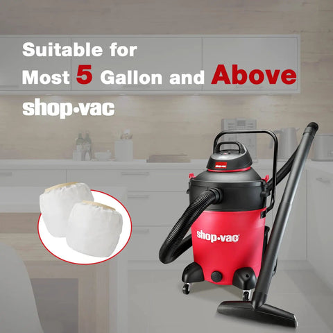 2 Pack Dacron Cloth Filter Replacements For Most Wet Dry Vacuums 5 Gallon And Up shown beside a red vacuum in kitchen setting