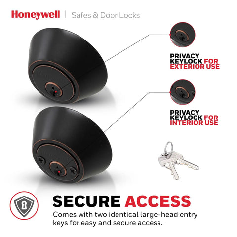 Double Cylinder Deadbolt Lock With Reversible Design For Left Or Right Handed Doors Anti Bump Security Oil Rubbed Bronze Finish Tough As Nails 3 By 5 By Eight Point Five Inch Housing Heavy Duty Home Security Model 8112409 shown with two side-by-side lock views and a set of keys for demonstration.