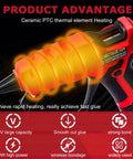 Cordless Hot Glue Gun For 18V Battery, 30 Second Preheat, highlighting ceramic heating element and rapid heating advantages.