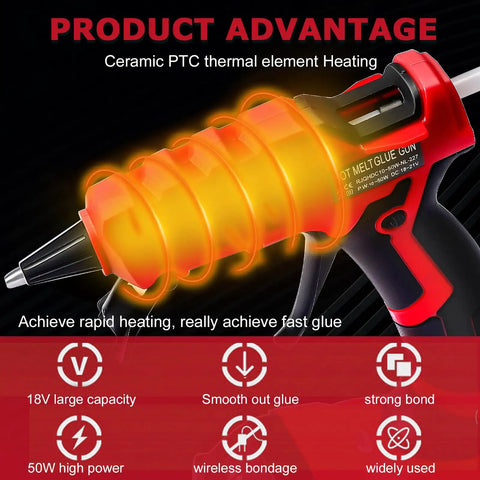 Cordless Hot Glue Gun For 18V Battery, 30 Second Preheat, highlighting ceramic heating element and rapid heating advantages.