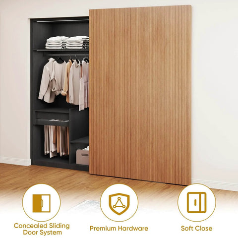 Hidden Barn Door Hardware Kit With 48 Inch Track System installed on wooden door over closet