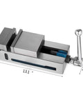 Rugged 4 Inch Nodular Cast Iron Bench Vise With Knockout Super Lock Grip And Raw 19KN Holding Power For Hella Smooth Milling Action And Serious Custom Build Projects, showing dimensions 13.1 x 3.7 x 7.4 inches.