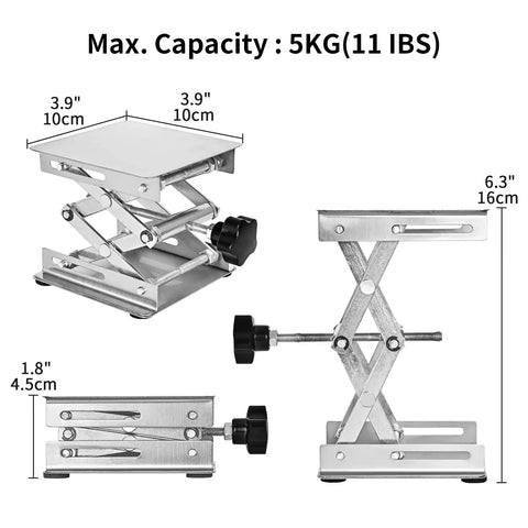 4 Pack Stainless Steel Scissor Lift Table Jack For Laser Engraver Adjustable Height Stand showing max capacity markings and adjustable knob.