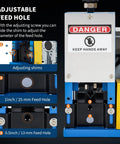 370W High Speed Wire Stripping Machine adjustable feed hole detail with safety warning and adjustable shims.